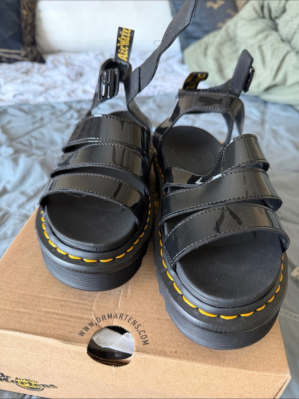Dr. Martens Black Patent Platform Sandals with Yellow Stitching